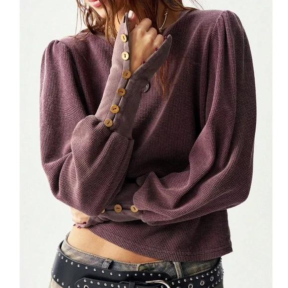 Solid Thermal Knit Puff Button Cuff Long Sleeve Top - Picture 10 of 14